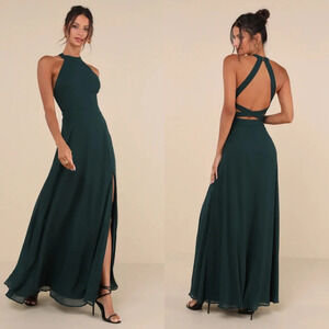 Lulu's Confidently Charismatic Emerald Backless Halter Maxi Dress M Wedding
